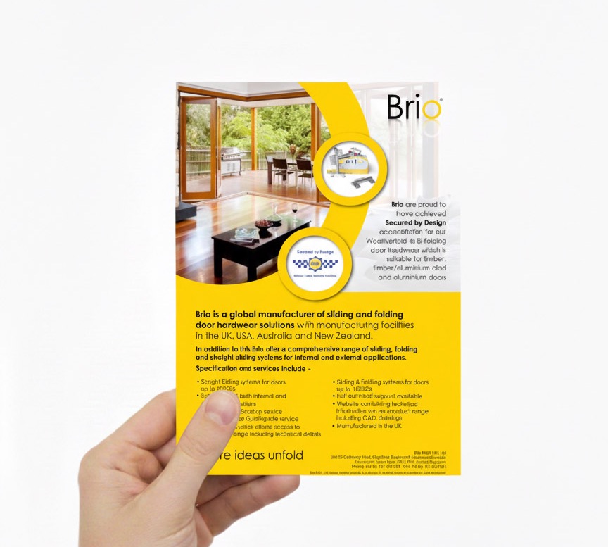 Brio Leaflet A5 Design in hand